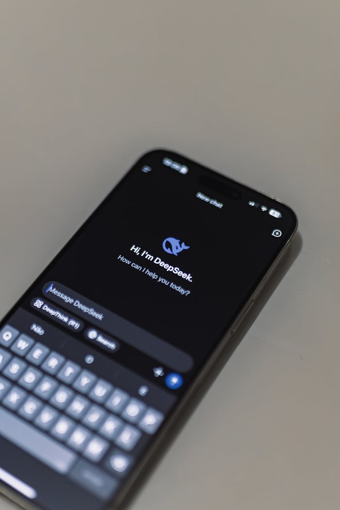 Close-up of smartphone screen showing AI chatbot interface, featuring DeepSeek AI conversation.
